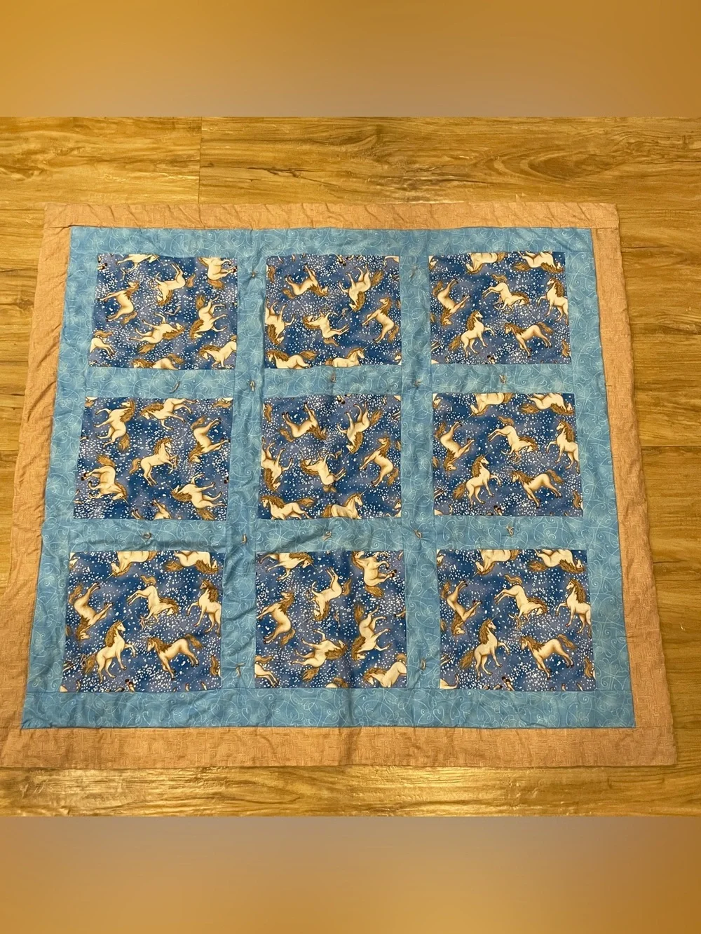 Patchwork Quilt Handmade Unicorn Blues & Brown Design-35x32”